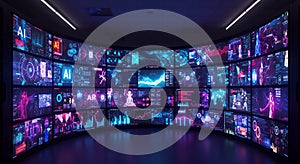 Futuristic AI & AR Control Room: Immersive Data Visualization on Curved Screens