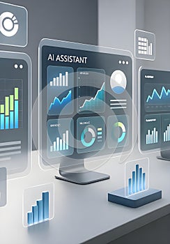 AI Assistant Dashboard With Data Analytics And Holographic Charts On Modern Digital Display