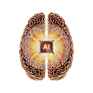 Futuristic ai brain concept with integrated microchip for advanced artificial intelligence isolated on white background