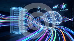 Futuristic AI Brain Processes Big Data Flow from Server Rack in Digital Network