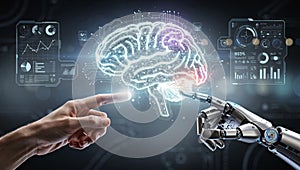 Futuristic AI Brain Visualization with Human and Robot Interaction Symbolizing Machine Learning and Digital Intelligence