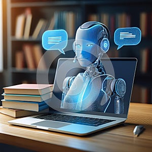 AI Chatbot on Laptop with Speech Bubbles high technology communication futuristic