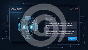 Futuristic ai chatbot interface displaying a robotic head and conversation