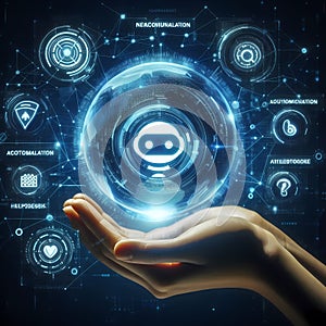 Futuristic AI Chatbot Interface in Hand, Symbolizing Automation and Helpdesk Services photo