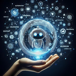 Futuristic AI Chatbot Interface in Hand, Symbolizing Automation and Helpdesk Services