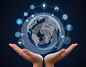 Futuristic AI Chatbot Interface in Hand, Symbolizing Automation and Helpdesk Services photo
