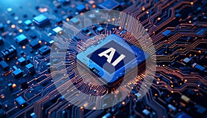 Futuristic AI chip with glowing circuit board, artificial intelligence, machine learning. advanced computing technology. blue