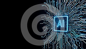 Futuristic AI chip with glowing circuit board, artificial intelligence, machine learning. advanced computing technology. blue
