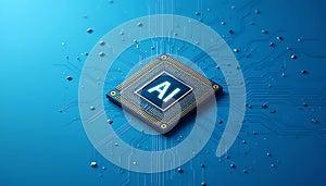 Futuristic AI chip with glowing circuit board, artificial intelligence, machine learning. advanced computing technology. blue