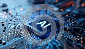 Futuristic AI chip with glowing circuit board, artificial intelligence, machine learning. advanced computing technology. blue
