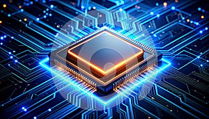 Futuristic AI Chip on Reflective Surface with Copy Space. AI themed Background. Generated Image