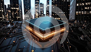 Futuristic AI Chip on Reflective Surface with Copy Space. AI themed Background. Generated Image