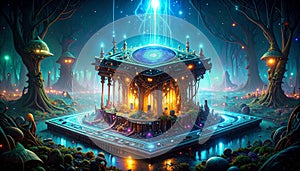 Futuristic AI Chip on Reflective Surface with Copy Space. AI themed Background. Generated Image