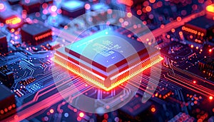 Futuristic AI Chip on Reflective Surface with Copy Space. AI themed Background. Generated Image