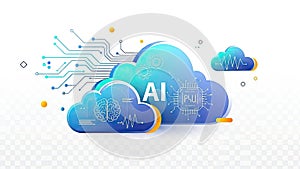 Futuristic AI Cloud Computing Illustration with Circuits and Brain Gears