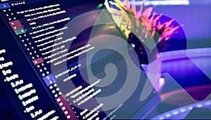 Futuristic AI Coding Environment with Python Script on Screen and Blurred Neon Office Background â Abstract Technology and