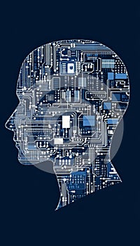 Futuristic AI Concept Circuit Board Brain Profile with Neural Networks and Data Flow Visualization