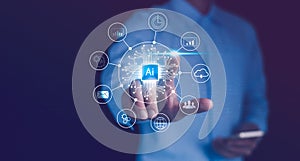 Futuristic AI concept with a hand interacting with a digital interface AI chip for data, cloud, and global connectivity.