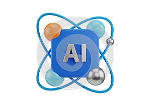Futuristic ai concept with orbiting spheres and atomic structure representing artificial intelligence innovation