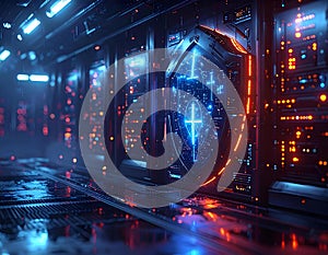 Futuristic AI Core Server in High Tech Data Center Cyber Security Concept