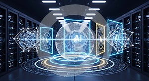 Futuristic ai data sphere with server racks represents artificial intelligence concept