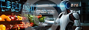 Futuristic AI diet assistant robot scans fresh organic food in ultra-modern kitchen setting