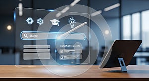 Futuristic AI Digital Search Interface with Stylus on Transparent Screen in Modern Office Background