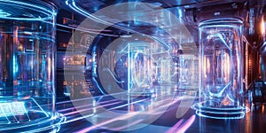 A futuristic AI-driven neuroprosthetics research facility, displaying glowing cybernetic