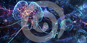 A futuristic AI-driven neuroprosthetics research facility, displaying glowing cybernetic