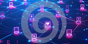 A futuristic AI-driven social network, featuring glowing cybernetic blockchain-based data privacy