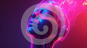 Futuristic AI female robot in neon colors. 3D rendered human head on a gradient background. Virtual reality, face