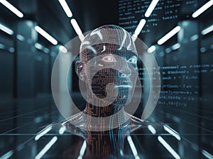 Futuristic AI Head with Binary Code and Data Streams
