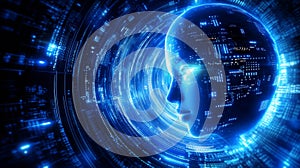 Futuristic AI Head with Circuitry and Glowing Data Flow, Symbolizing Advanced Digital Intelligence