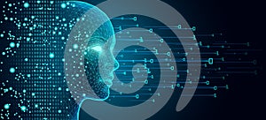 Futuristic AI Head with Glowing Eye and Binary Code Streams on Dark Neural Network Background