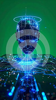 Futuristic AI Head on Green Screen Background
