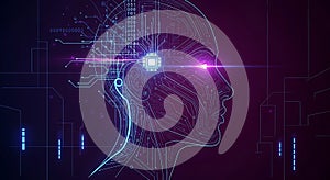 Futuristic ai human head profile with glowing circuitry and central processing unit