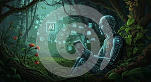 Futuristic AI humanoid reading a digital tablet in a glowing forest environment photo