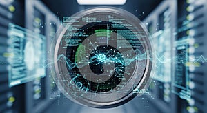 Futuristic ai interface displaying global data and network connections in a server room