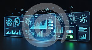 Futuristic AI Interface Displaying Real Time Data Analytics and Automation