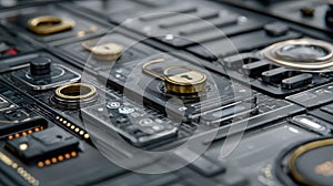 Futuristic AI Interface with Floating Elements and Interactive Control Pads photo