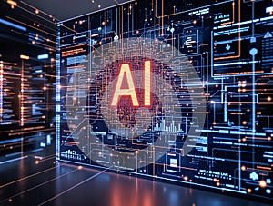 Futuristic AI Interface with Glowing Circuitry and Data Visualization