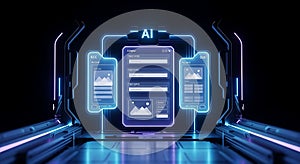 Futuristic AI Interface: Neon-Lit Data Processing in Cyberpunk Environment