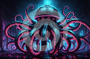 Futuristic AI Kraken: Robot Tentacles Extending with Precision Chassis Adorned with Pulsating Neon