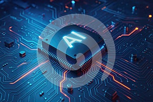 Futuristic AI Microchip with Glowing Blue and Orange Circuitry artificial intelligence processor