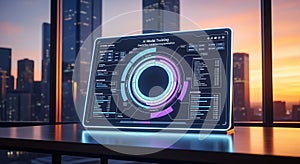 Futuristic ai model training dashboard displaying complex data visualization on a tablet