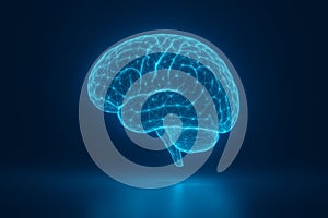 Futuristic ai- neon blue brain network.