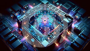 Futuristic AI Neural Network Core Inside High-Tech Motherboard Circuitry