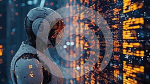 Advanced humanoid AI robot analyzing digital data