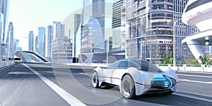 Futuristic AI powered self driving car in an urban city scene