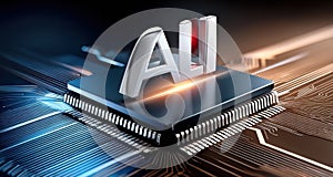 Futuristic AI processor chip technology concept with glowing circuits and connections
